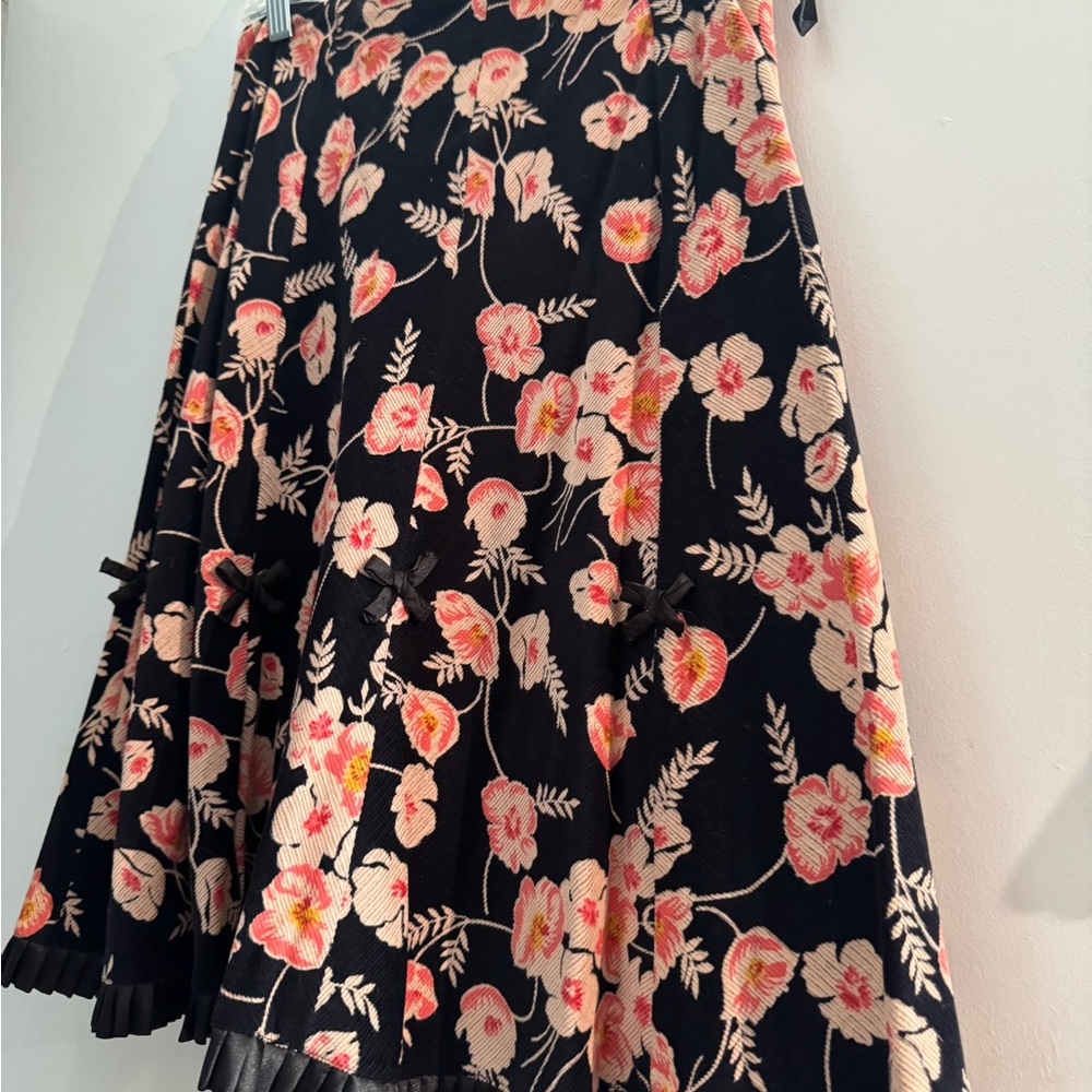 Persaman New York Pink and Black Ruffled Corduroy Midi Flare Skirt